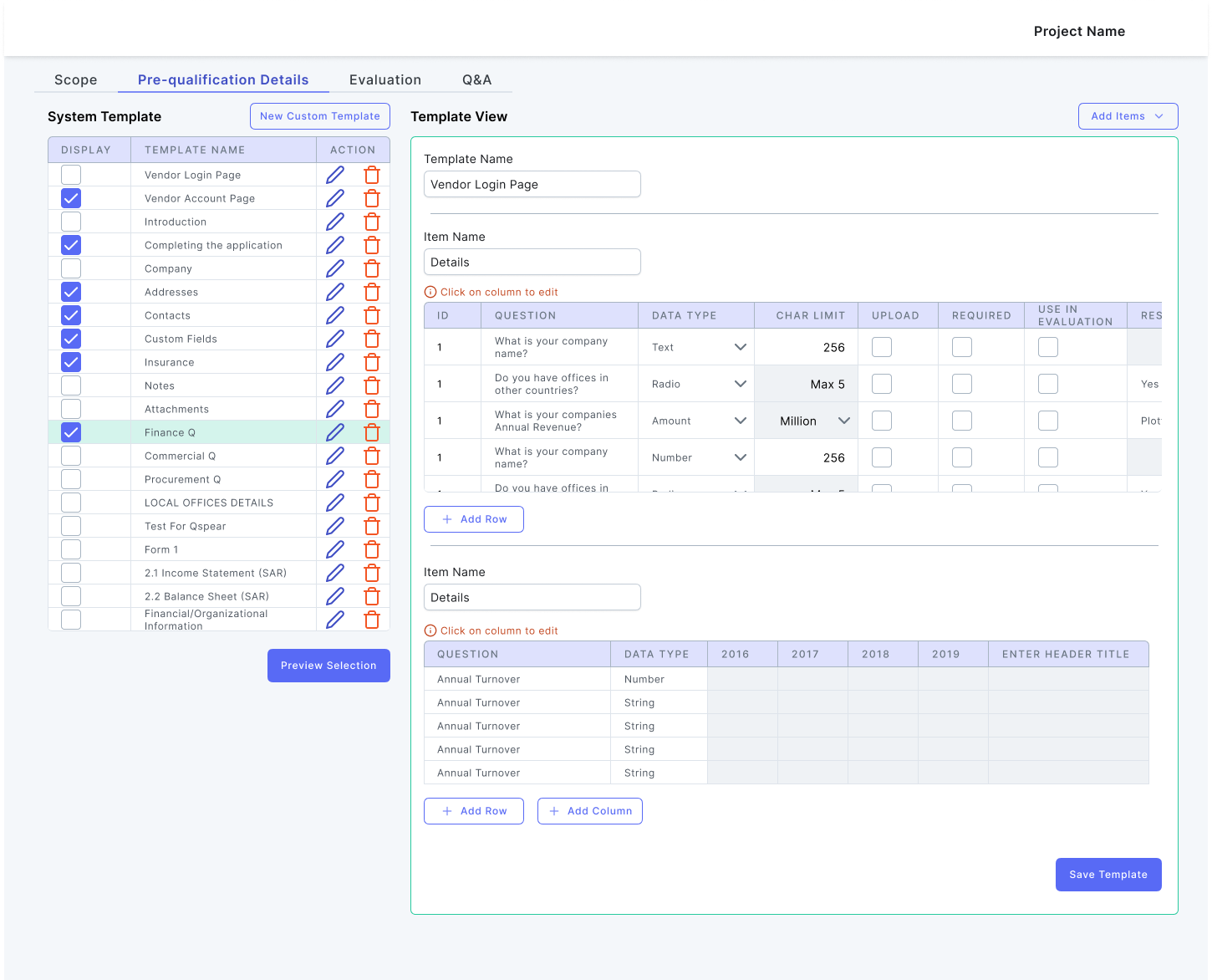 Pre-qualification template builder